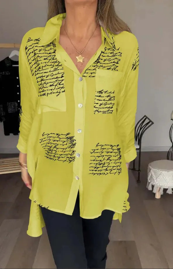 GLYNIS | Oversized Script Print Button-Up Shirt