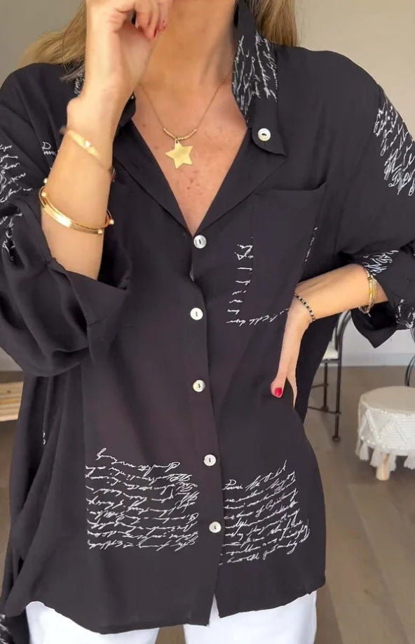 GLYNIS | Oversized Script Print Button-Up Shirt