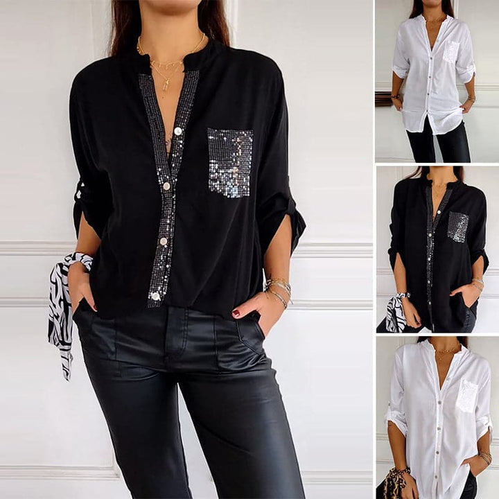 VERITY | Sequin Trim Button-Up Shirt