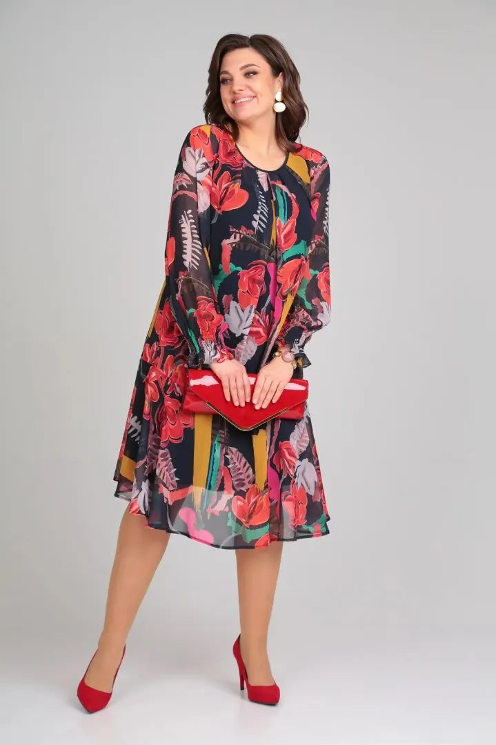 MARGOT | Bold Floral Print Long-Sleeve Chiffon Midi Dress
