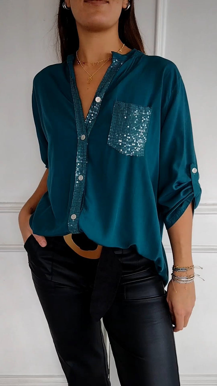 VERITY | Sequin Trim Button-Up Shirt