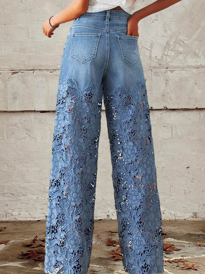 OCTAVIA | Lace Panel Wide-Leg Denim Jeans