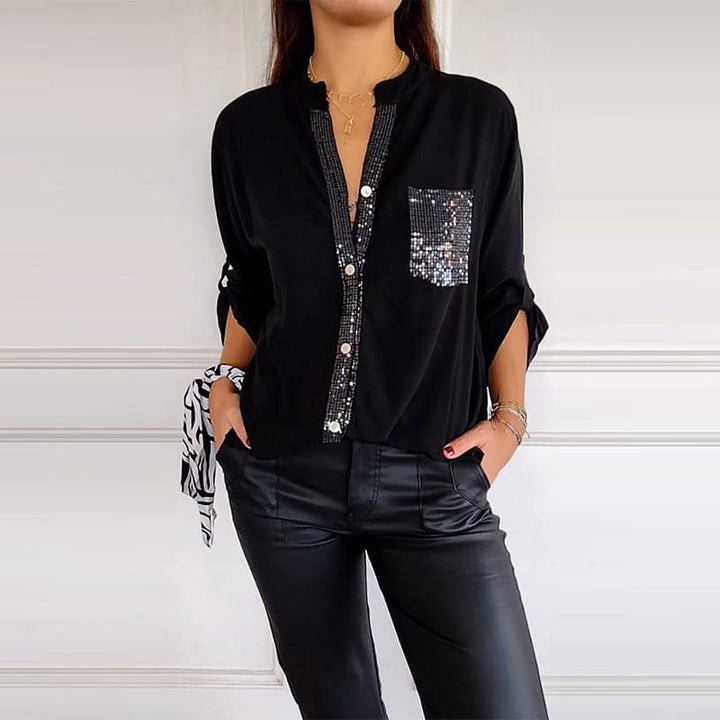 VERITY | Sequin Trim Button-Up Shirt