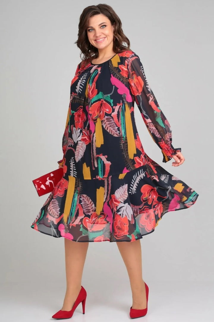 MARGOT | Bold Floral Print Long-Sleeve Chiffon Midi Dress
