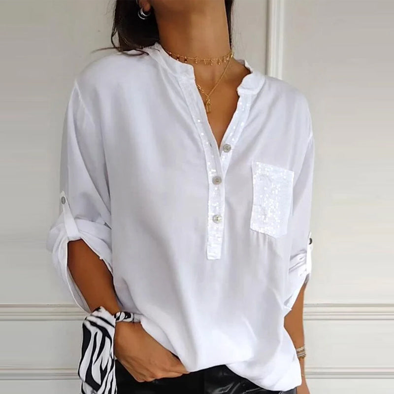 VERITY | Sequin Trim Button-Up Shirt