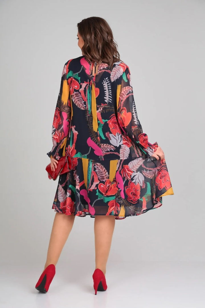 MARGOT | Bold Floral Print Long-Sleeve Chiffon Midi Dress