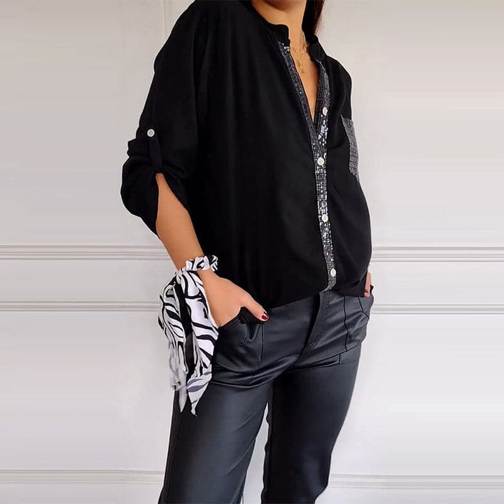 VERITY | Sequin Trim Button-Up Shirt