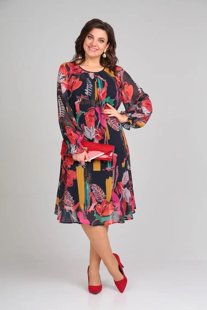 MARGOT | Bold Floral Print Long-Sleeve Chiffon Midi Dress