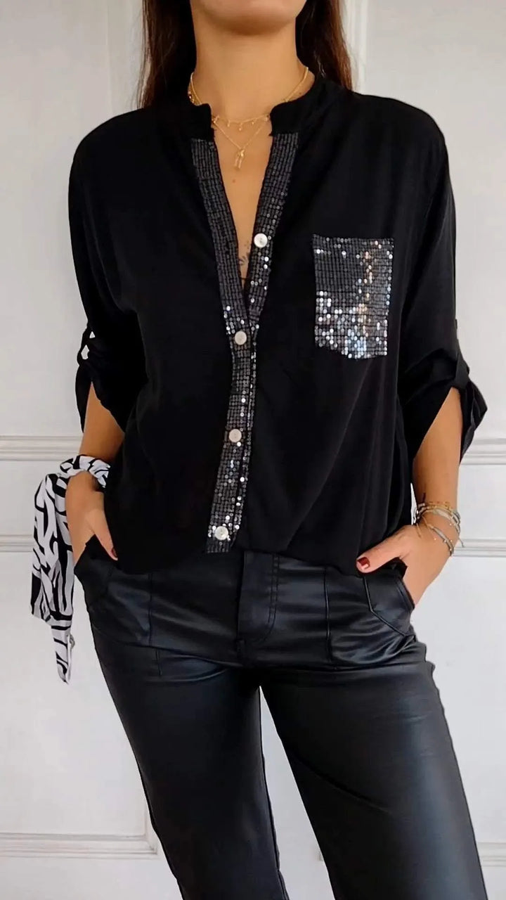 VERITY | Sequin Trim Button-Up Shirt