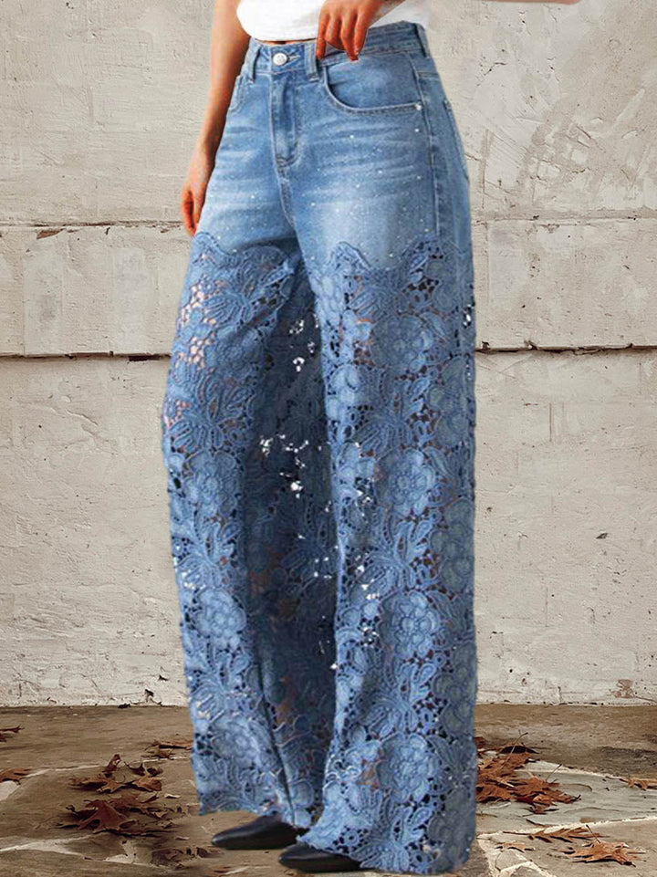 OCTAVIA | Lace Panel Wide-Leg Denim Jeans