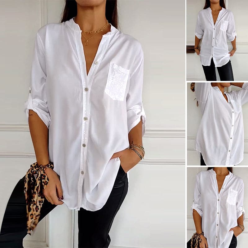 VERITY | Sequin Trim Button-Up Shirt