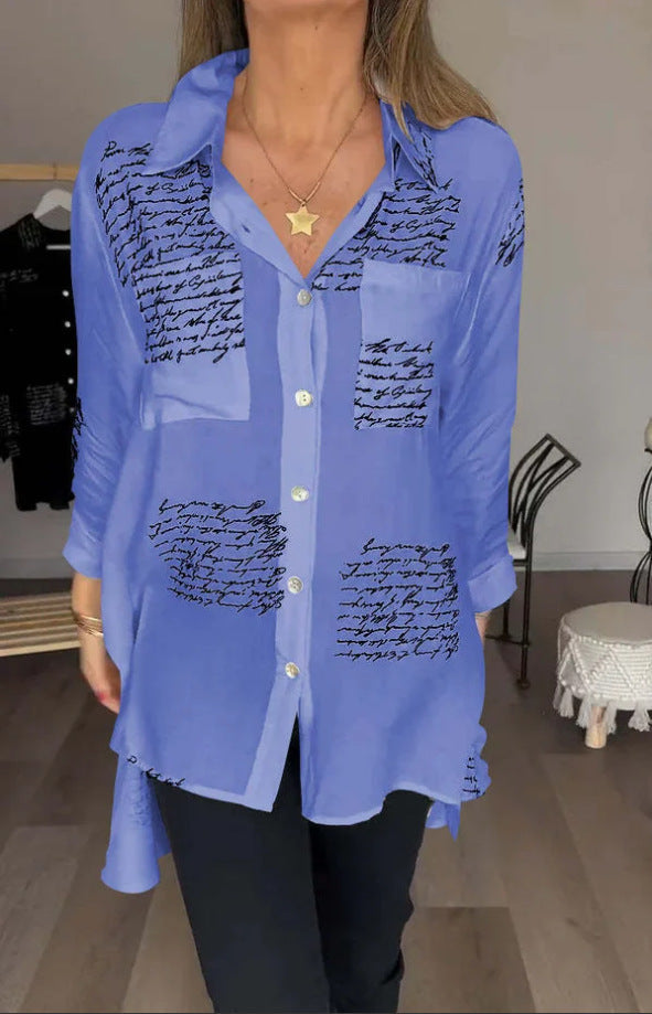 GLYNIS | Oversized Script Print Button-Up Shirt