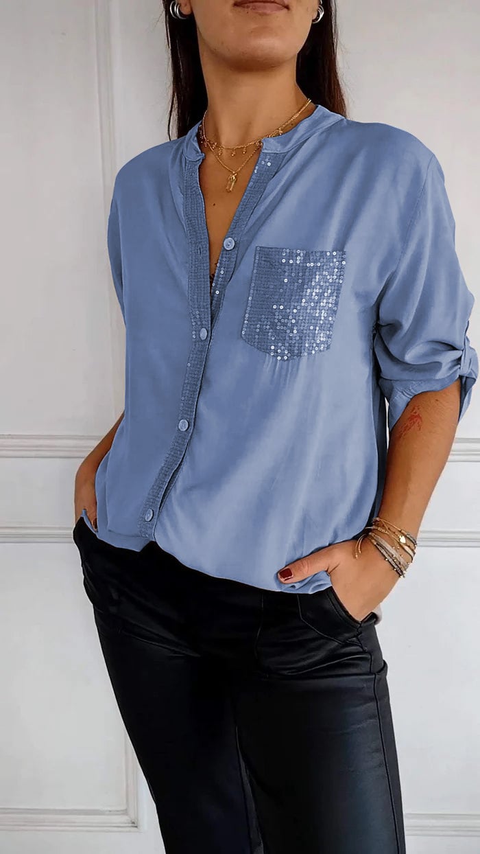 VERITY | Sequin Trim Button-Up Shirt