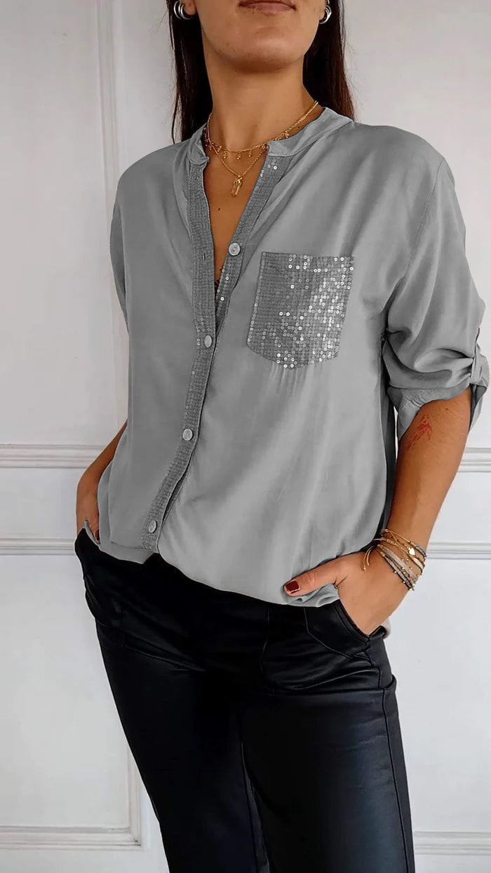 VERITY | Sequin Trim Button-Up Shirt