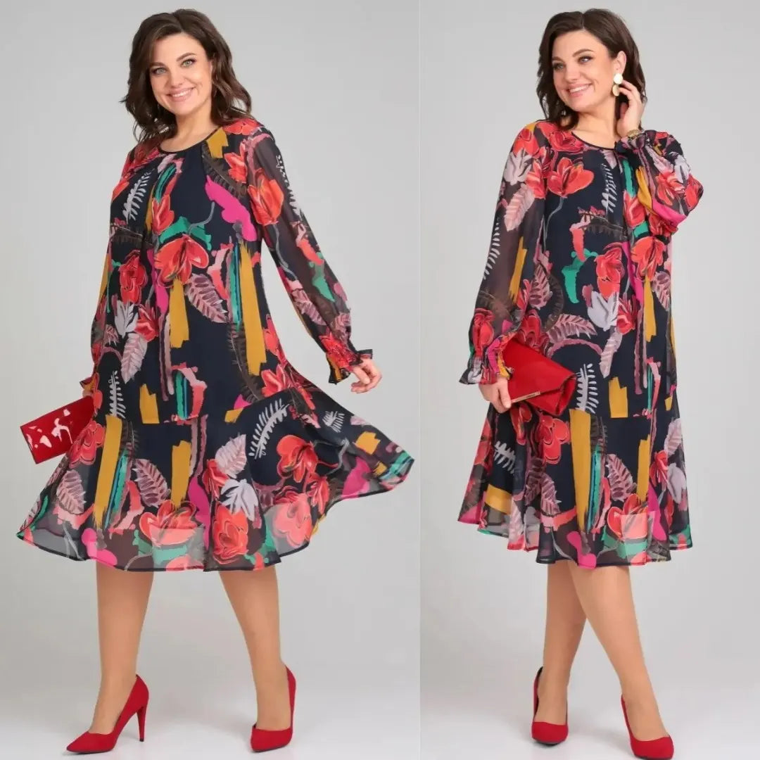 MARGOT | Bold Floral Print Long-Sleeve Chiffon Midi Dress