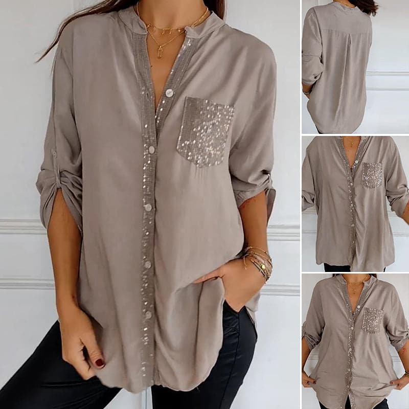 VERITY | Sequin Trim Button-Up Shirt