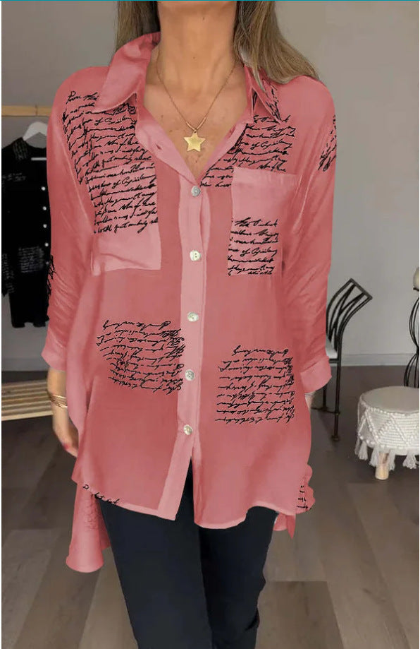 GLYNIS | Oversized Script Print Button-Up Shirt