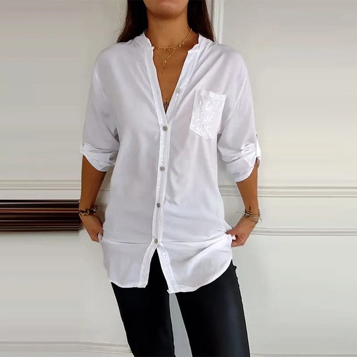 VERITY | Sequin Trim Button-Up Shirt