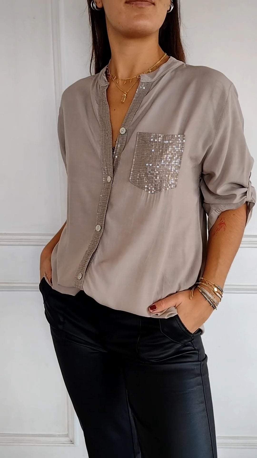 VERITY | Sequin Trim Button-Up Shirt