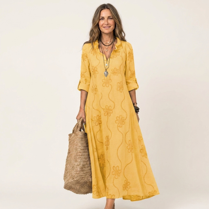 ODALYS | Maxi Dress with Tonal Floral Embroidery